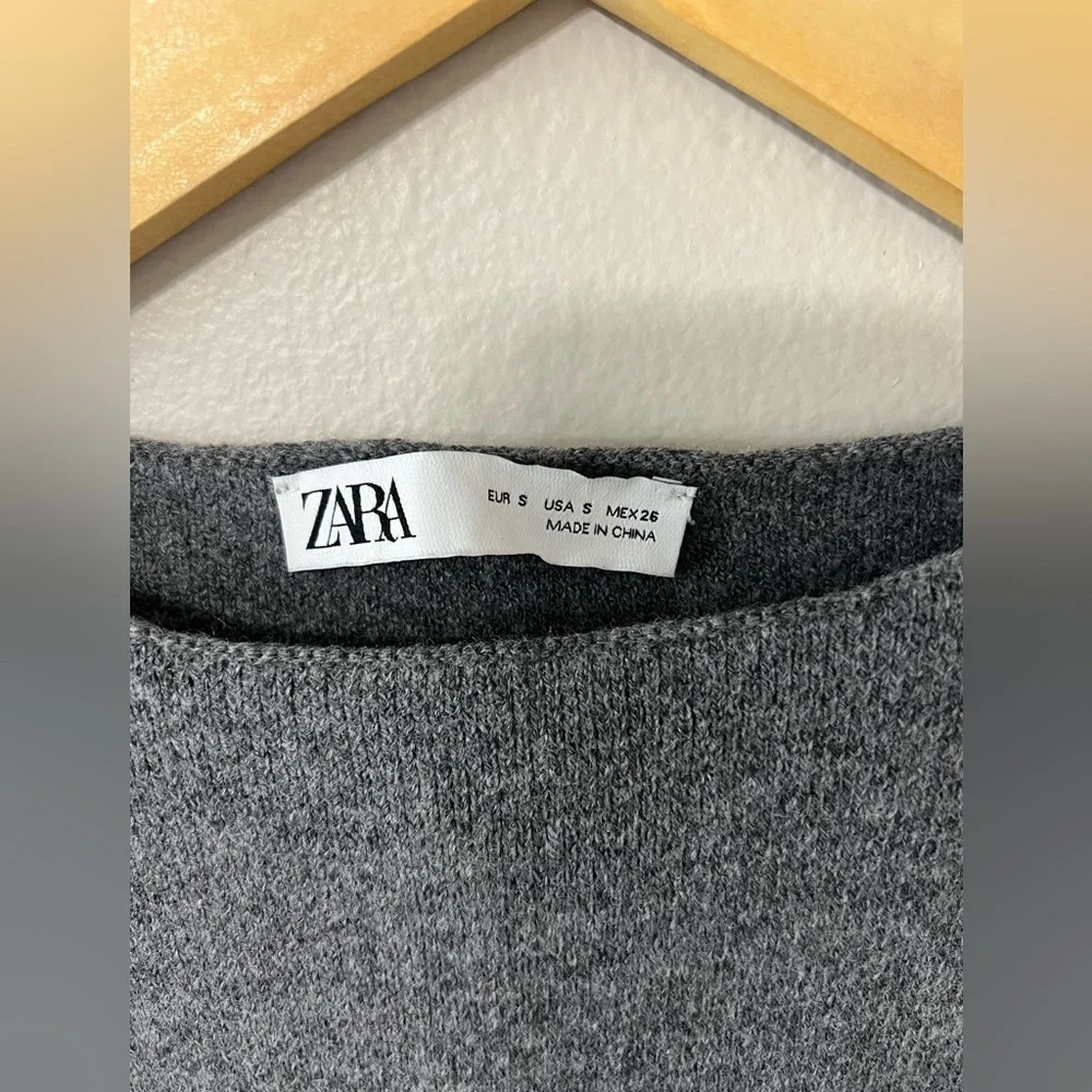 Zara Gray Knit Midi Dress Wool Blend Short Sleeve Minimalist Size S EUC